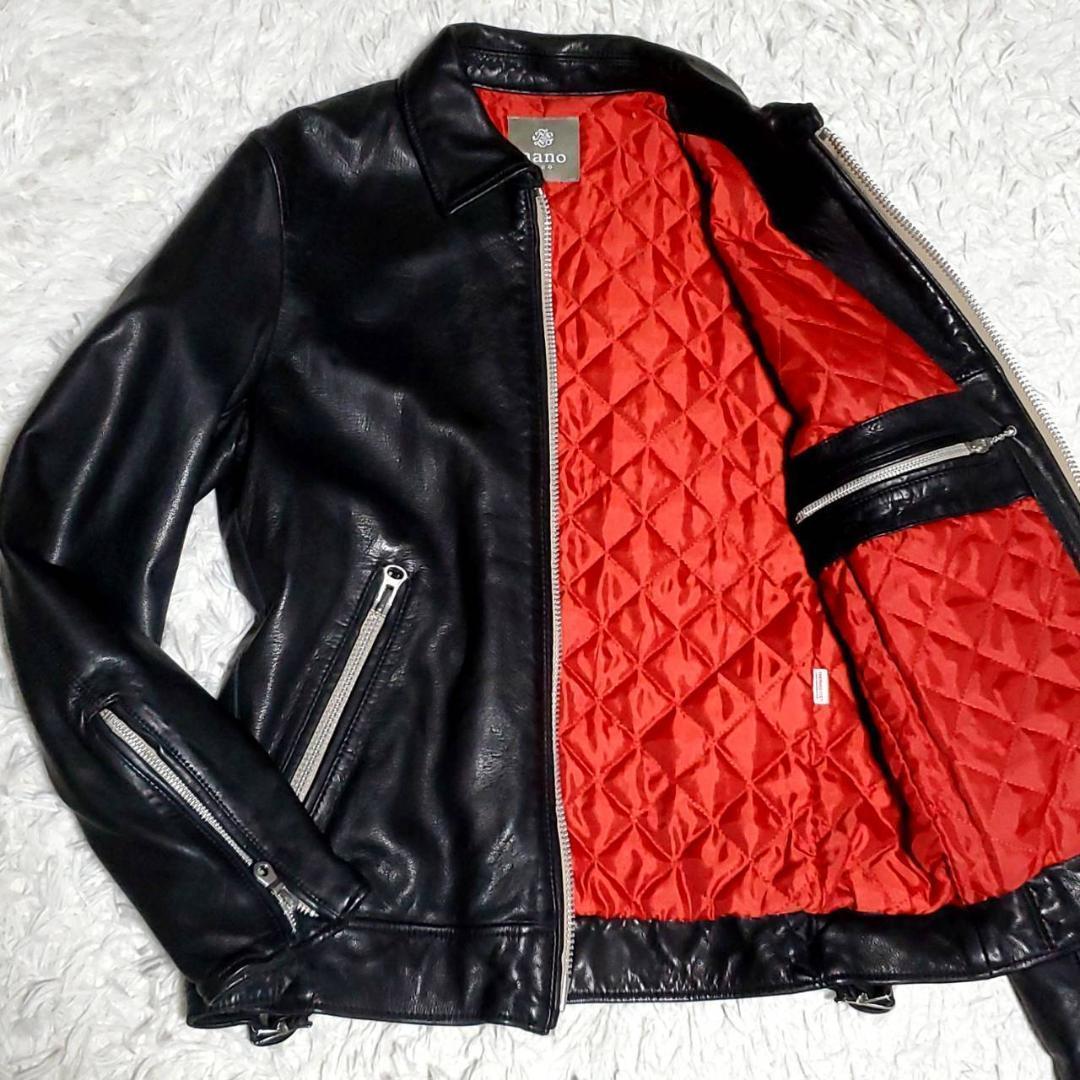美品 M ナノユニバース 羊革 シングル ライダース 黒 中綿 キルティング