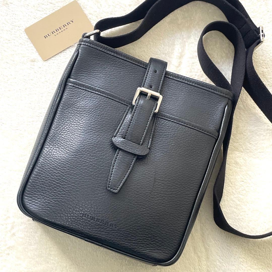 【美品】バーバリー ショルダーバッグ シボ革 ノバチェック オールレザー 黒