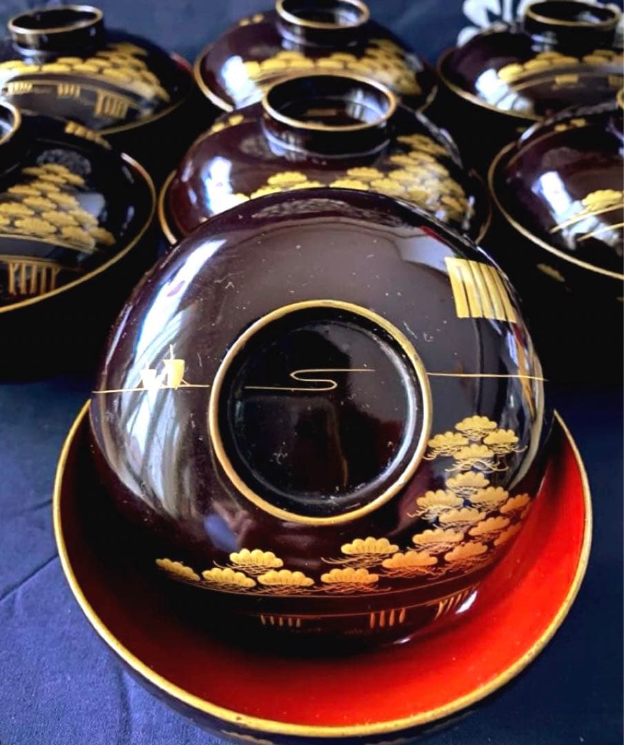 時代物骨董　木製漆器吸物椀七客　蒔絵・黒内朱　源氏物語　松風・葵の上　7客組