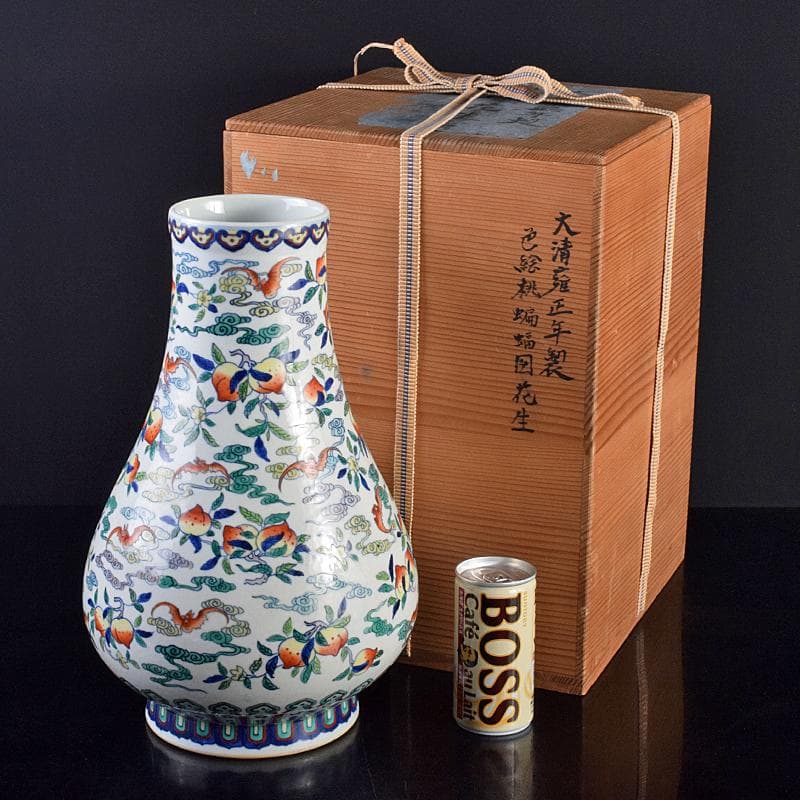 中国　大清雍正年製款　色絵　桃蝙蝠図　花生　時代箱付　M　R7657B