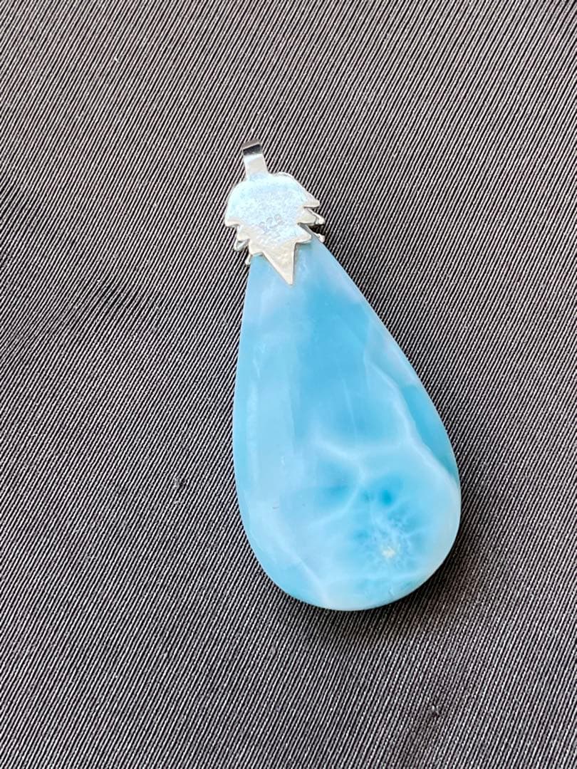 天然石ラリマー☆高品質！しずく型ペンダントトップ②☆リーフ型バチカンがステキ！