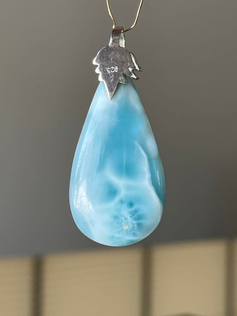 天然石ラリマー☆高品質！しずく型ペンダントトップ②☆リーフ型バチカンがステキ！