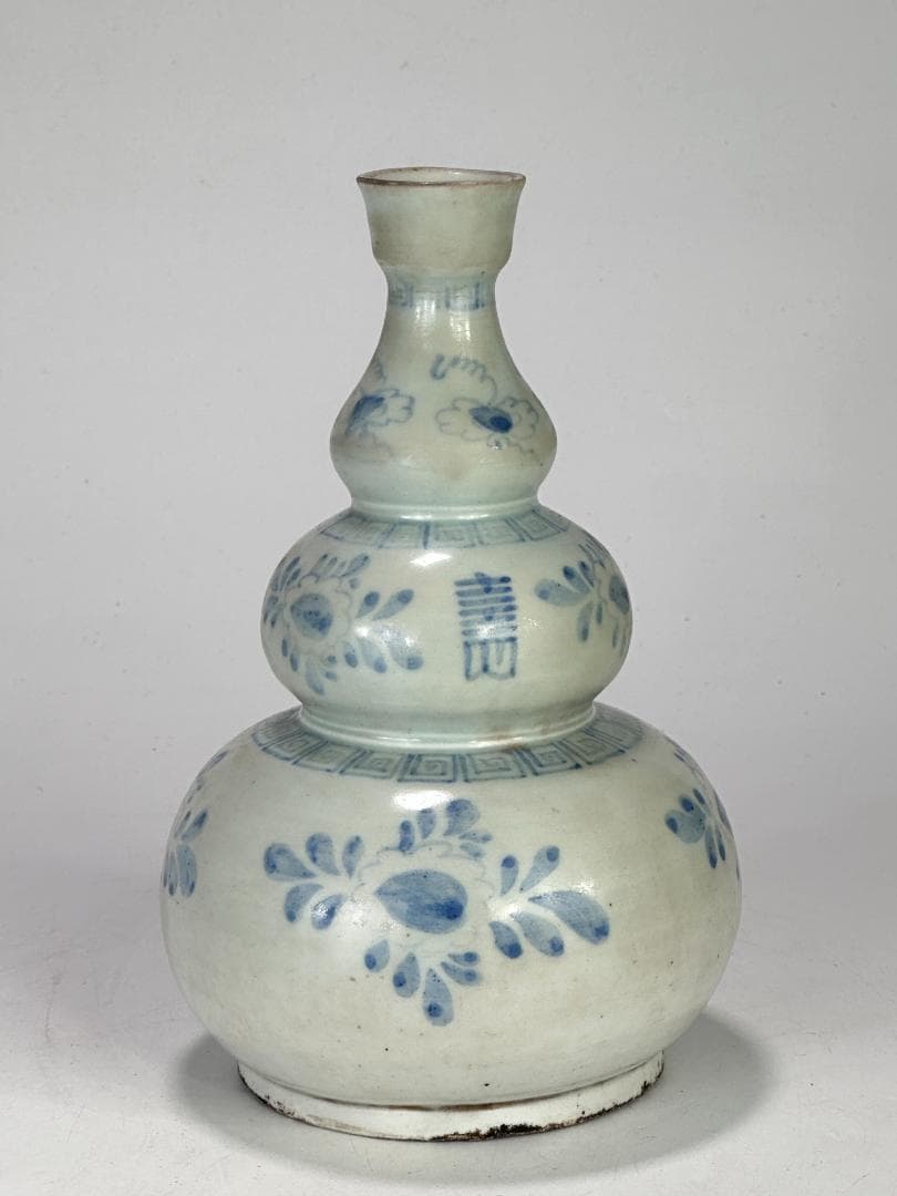 韓国美術　李朝時代　白磁　染付 青花　寿字文　花卉文　瓢箪瓶　花瓶 朝鮮古陶磁