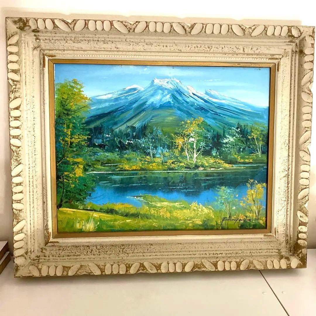 無題　山と湖の風景画　油絵さわやか　サイン有り