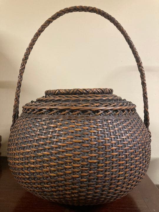 アンティーク竹編み籠　大型　花籠　在銘　美品