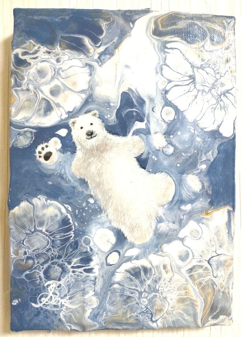 シロクマの油絵【アイスフロート】1点物の原画◆作者サイン入り/油彩画