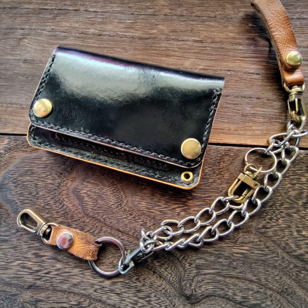 ミドルサイズ トラッカーウォレット 黒 午年記念 蹄鉄 手染め