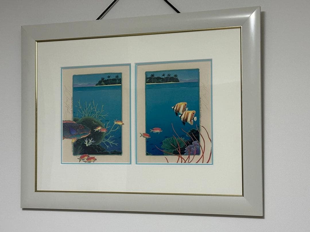 海の生物 二部構成の絵画 ホワイトフレーム