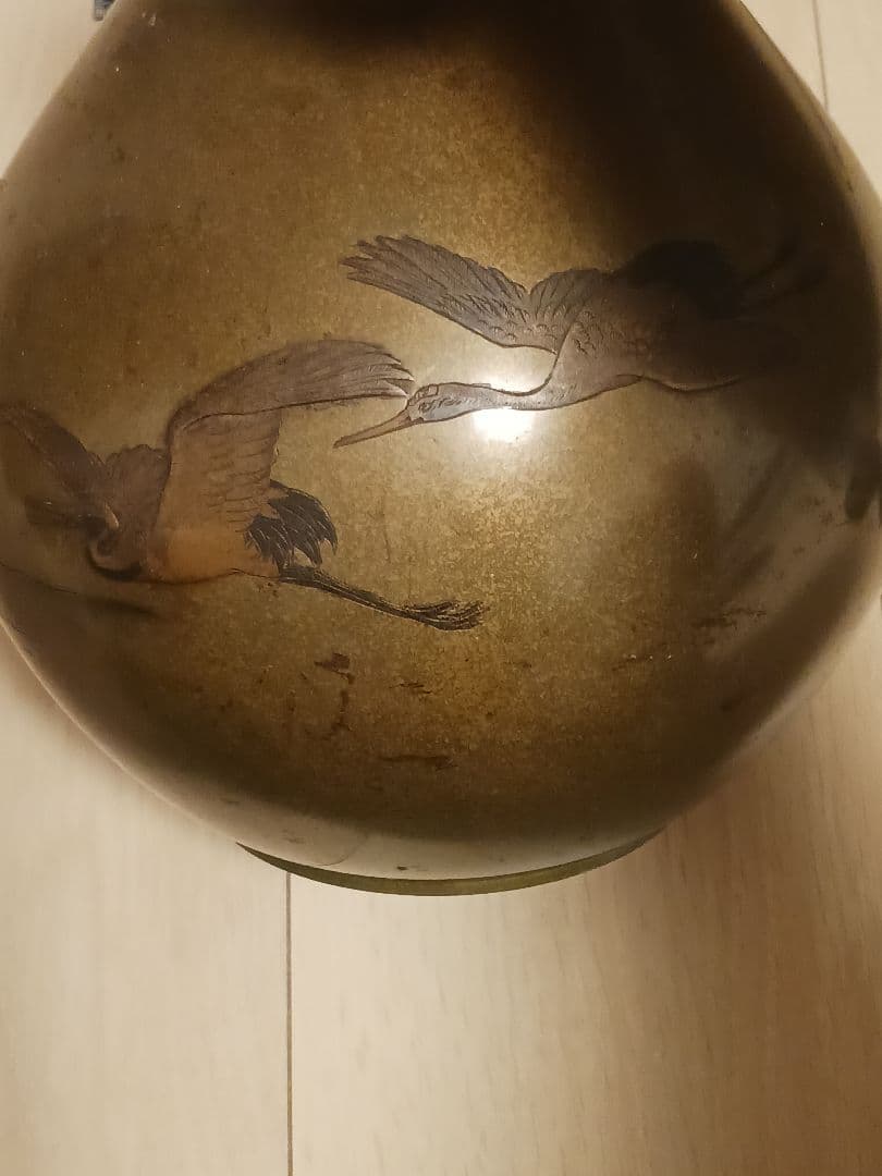 旧家　蔵出し　銅製　花瓶　花生　鶴図　銘あり