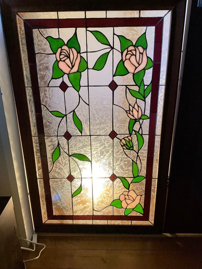 額装 ステンドグラス　薔薇 バラ　窓　アンティーク　ヴィンテージ　大正 浪漫