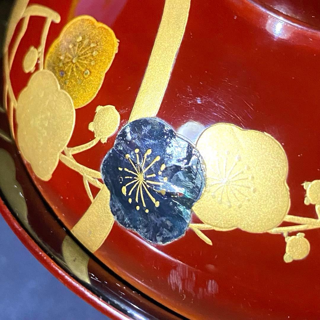 大正時代物骨董　天然木製漆器椀　梅柄金蒔絵・螺鈿　外朱内黒　菓子椀・雑煮椀　二客