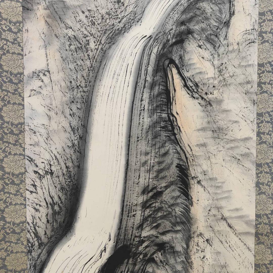 真作/矢沢弦月/滝図/瀧図/山水/布袋屋掛軸A-384