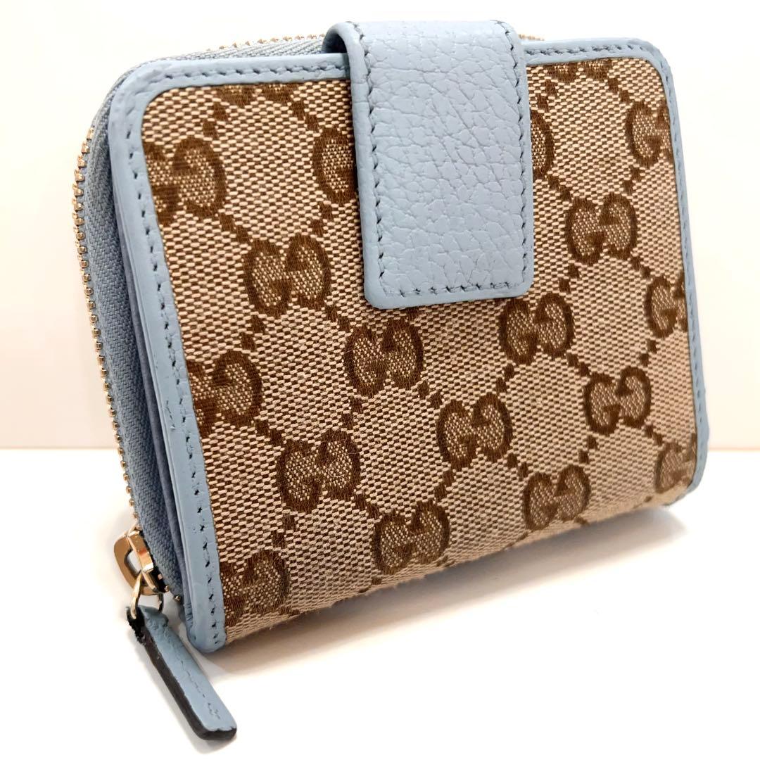 グッチ 折り財布 GGキャンバス GG ラウンドファスナー コンパクト 水色