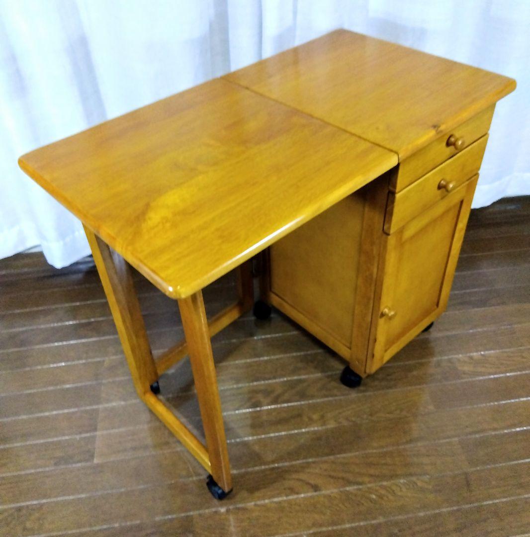 【アンティーク】収納付折畳デスク　多機能サイドテーブル　（キャスター付）匿名配送