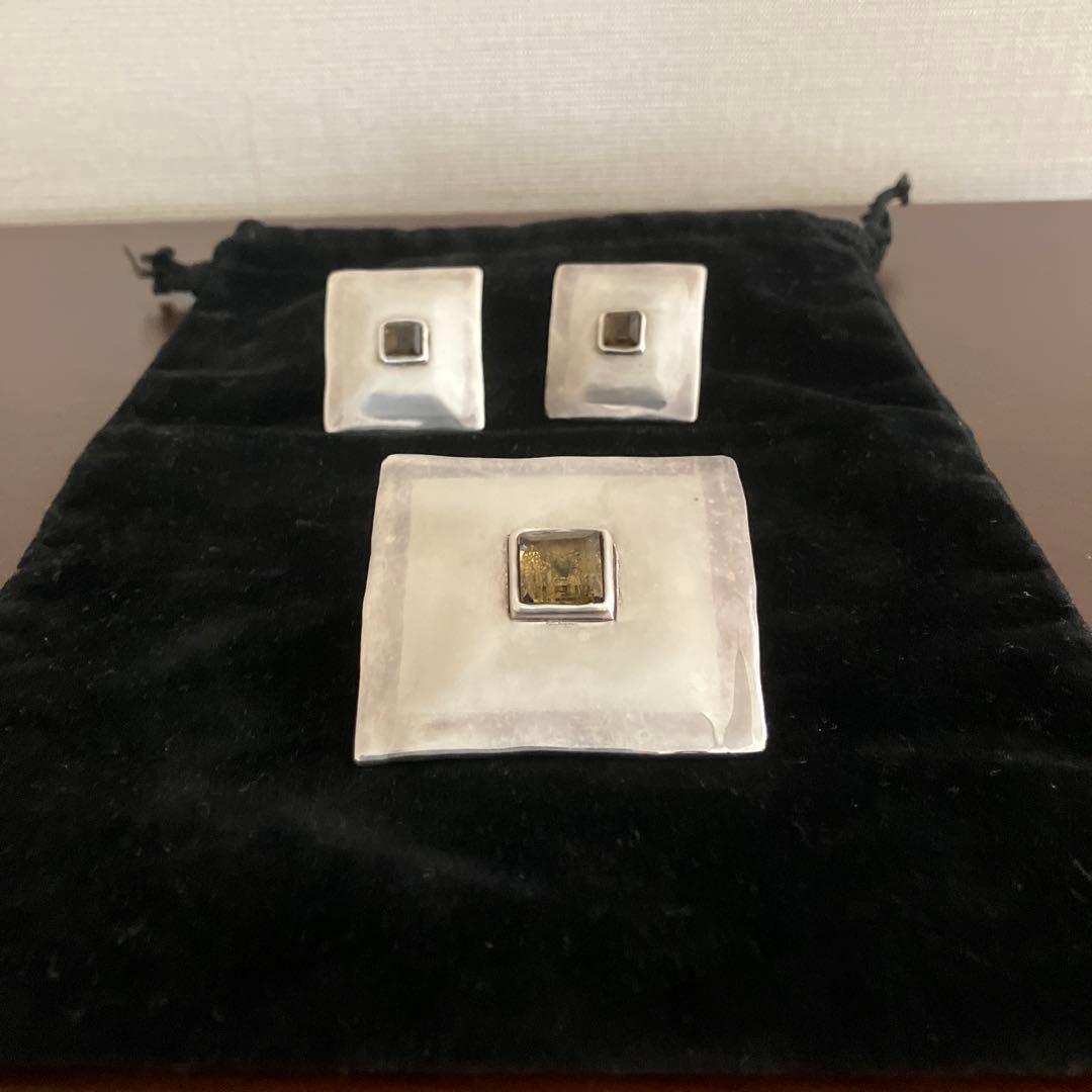 イスラエルBat-Amiシルバー24Kプレートストーンブローチとイヤリング