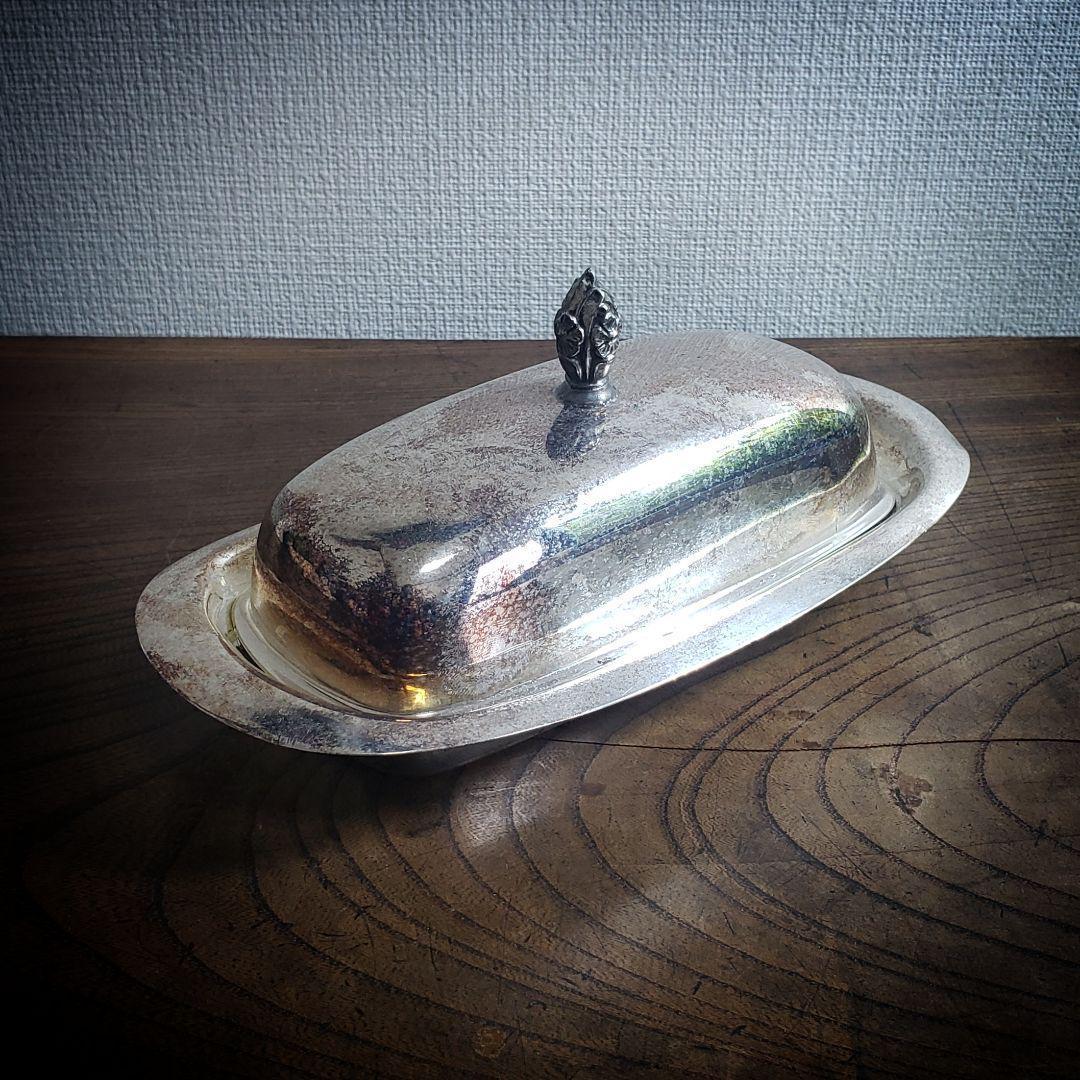 バターケース シルバープレート ビンテージ アンティーク ガラス受け