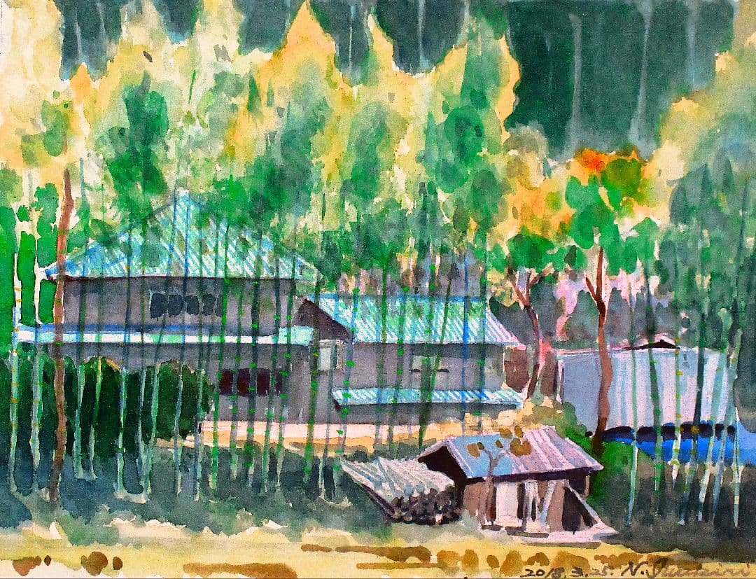 水彩画( 竹林のある屋敷)木製フレーム付き