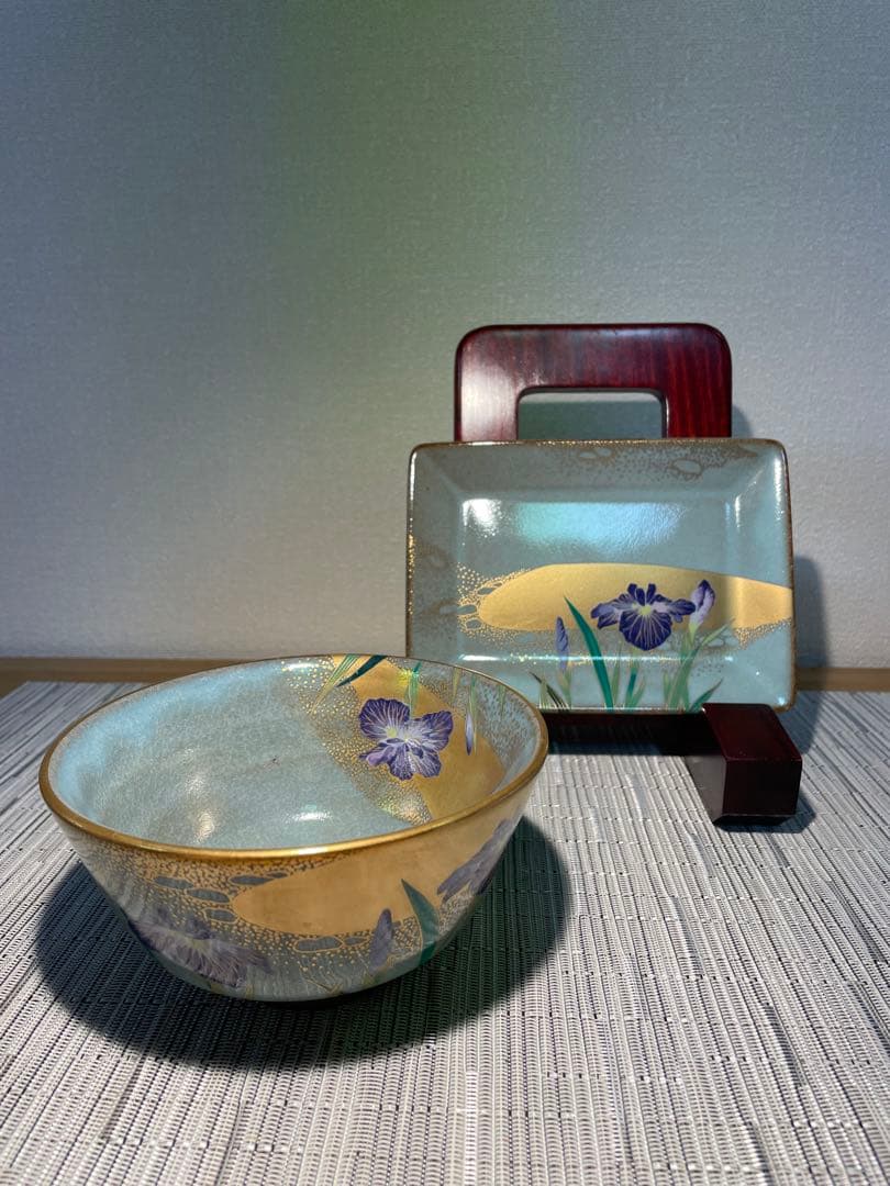 130桑野むつ子 京都 御所の花十二ヶ月 【6月花菖蒲】抹茶椀・和陶皿　しおり付