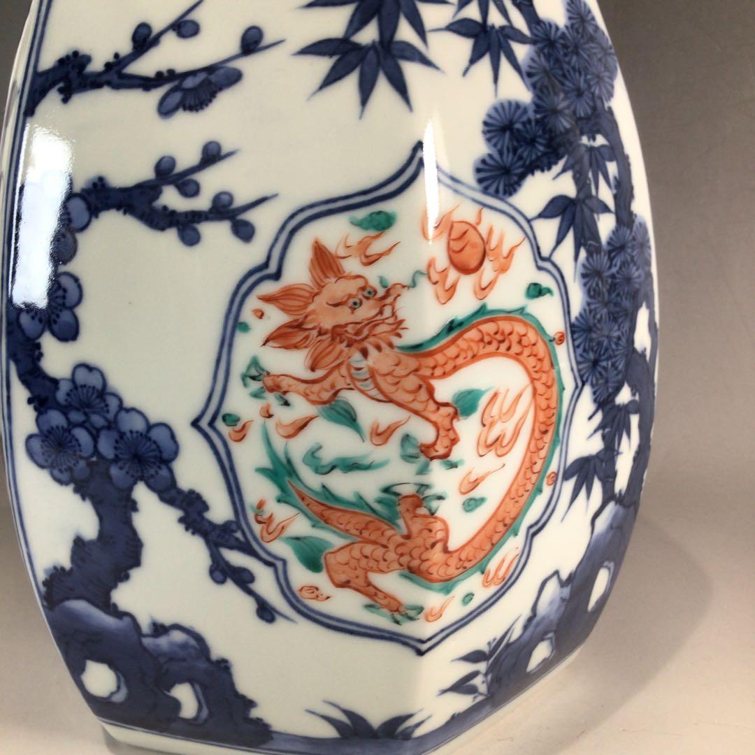 Ｐ３２４　水指　『平安　手塚玉堂造』『染付赤絵』『六角水指』　共箱　茶道具