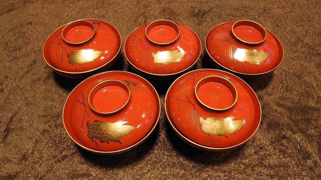 輪島塗　漆器　金蒔絵　蒔絵　蓋椀　亀の図　人間国宝　５客