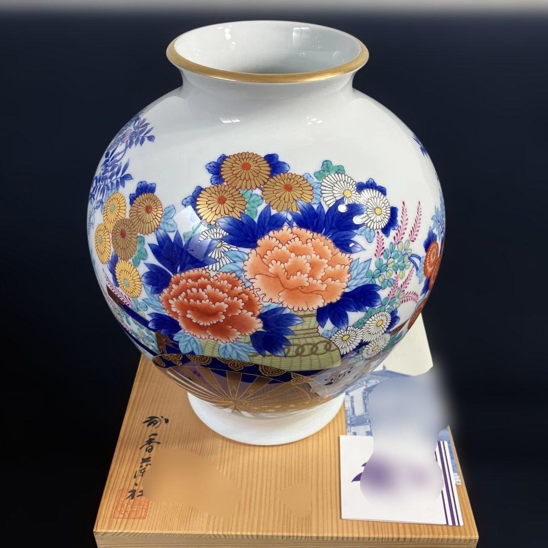 宮内庁御用達香蘭社花瓶「染錦花車」　高級花瓶