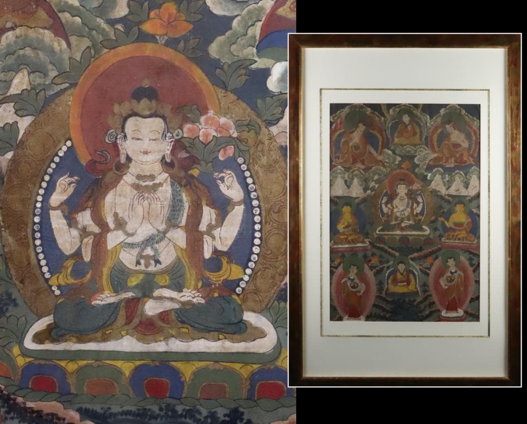 仏教美術 チベットタンカ 四臂観音像 絹本彩色 肉筆 仏画 タンカ 額装