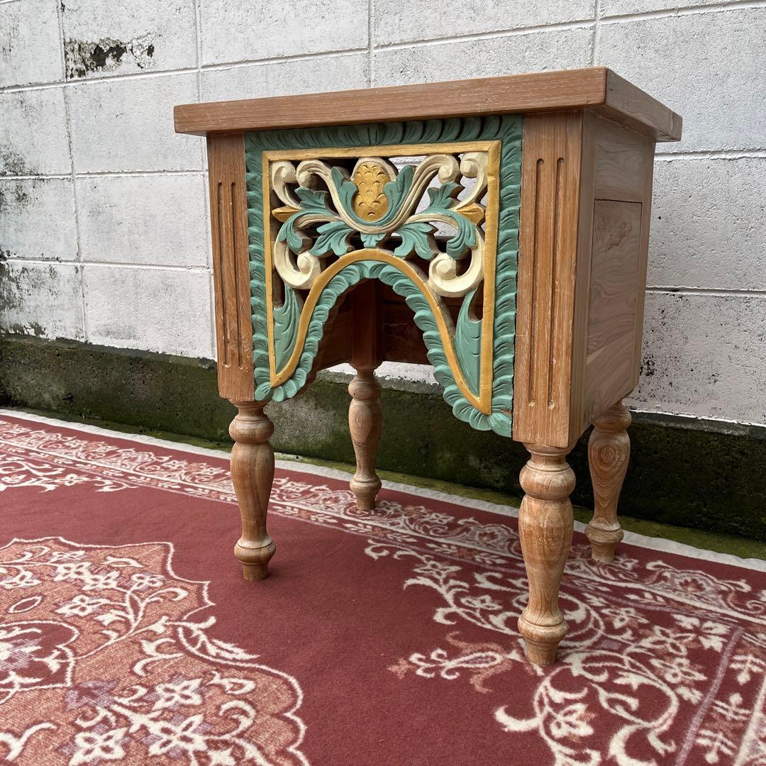 木製無垢材 チーク材◾️彫刻デザイン サイドテーブル 飾り台 花台 ディスプレイ台