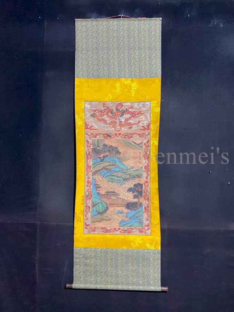 中国古美術 明代 謝時臣款 山水画 掛軸 手描き 絹布 唐物 書画 国画 在銘