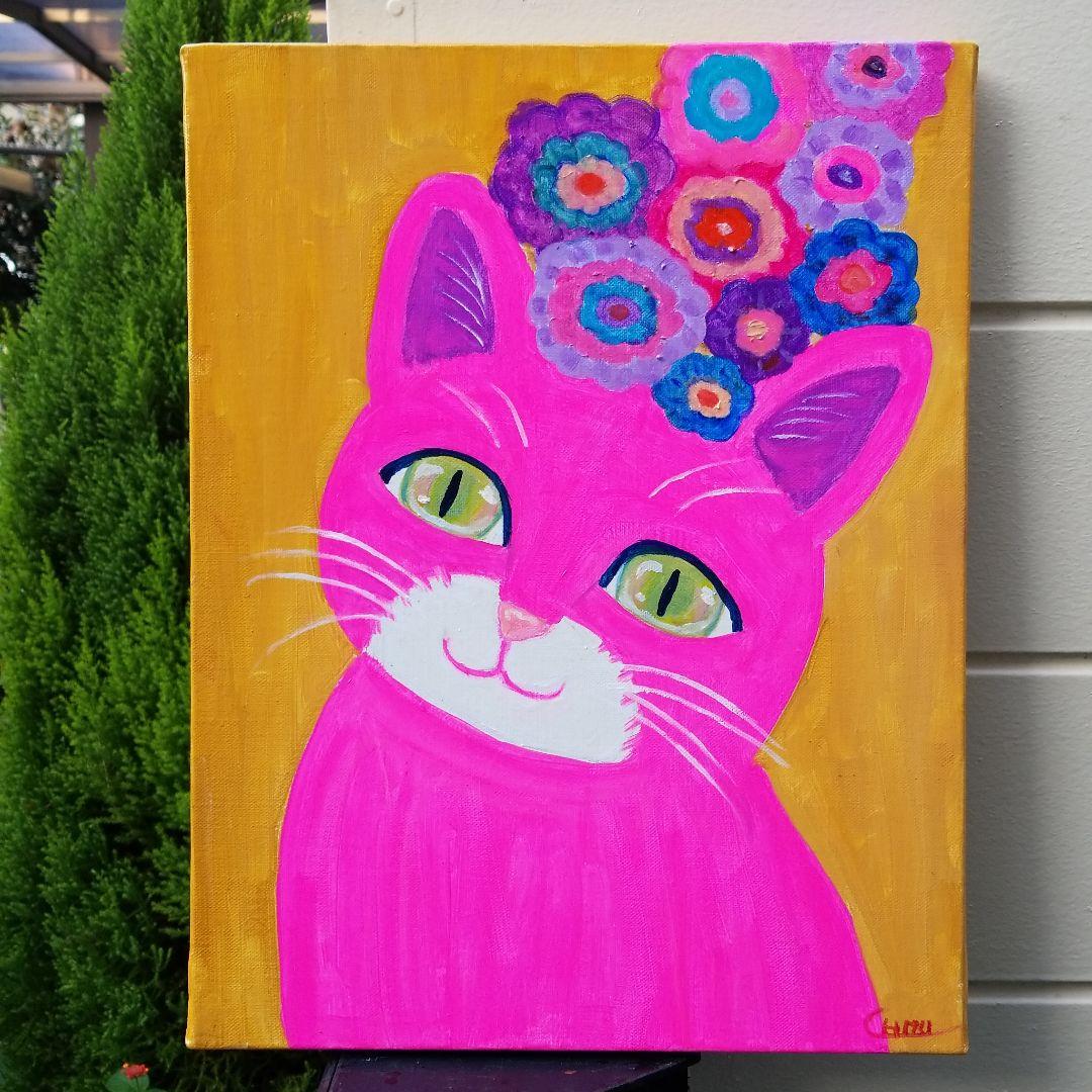 油絵　マミ　幸せを呼ぶピンク色の猫