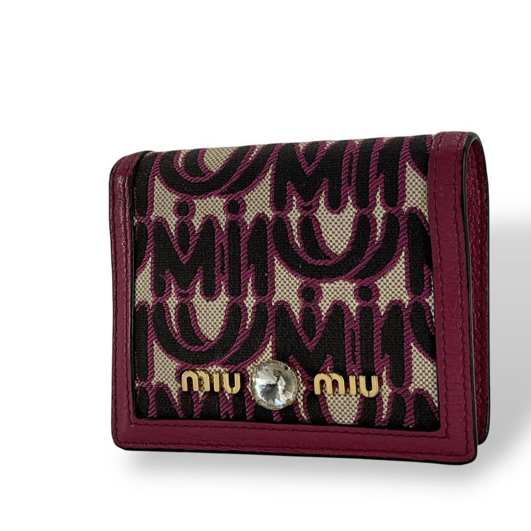 ミュウミュウ　二つ折り財布　MMパリス　マドラス　ジャガード　ビジュー　ロゴ
