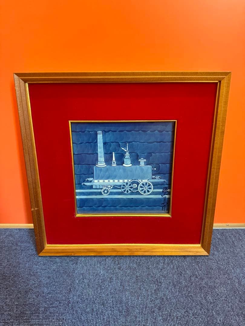 1914 源右衛門 染付 陶板画 額装 蒸気機関車図　額縁  置物　工芸品