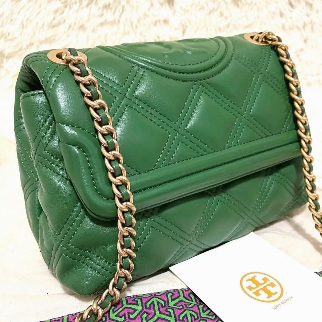 【美品】トリーバーチ＊キルティング ゴールドチェーン レザーグリーン