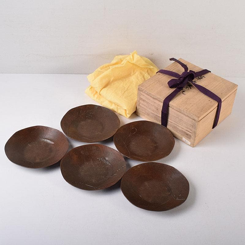 煎茶道具　蝋型鋳銅　正作　草文茶托　五客　共箱　M　R8526