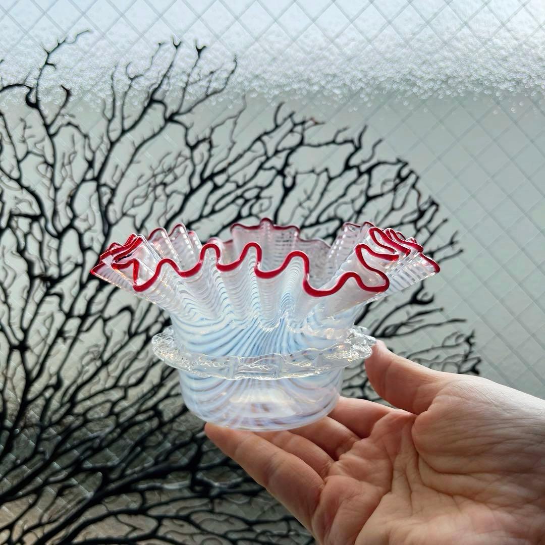骨董　時代ガラス　超希少　金赤フチ　掻き揚げ模様　菓子器　氷鉢　ウランガラス