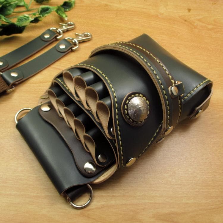 ダークグリーン＆焦げ茶　９丁　本革シザーケース　SCA-243/CGA