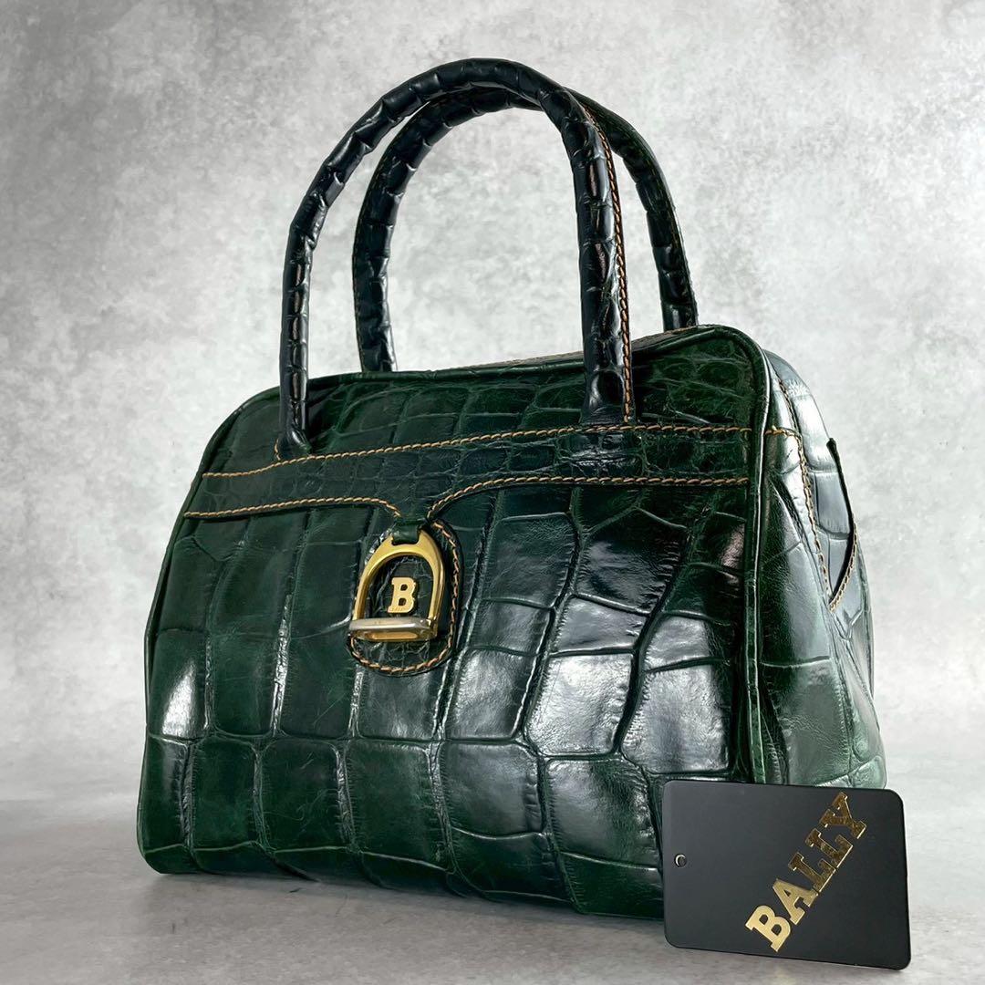 BALLY バリー ミニボストンバッグ クロコ型押し レザー グリーン