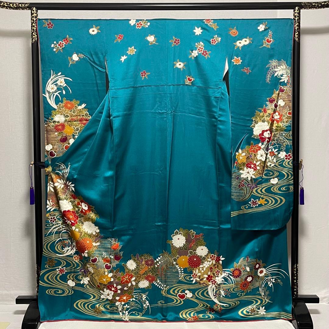 D770 振袖　花模様　流水　金彩　正絹　着物　袷　極美品