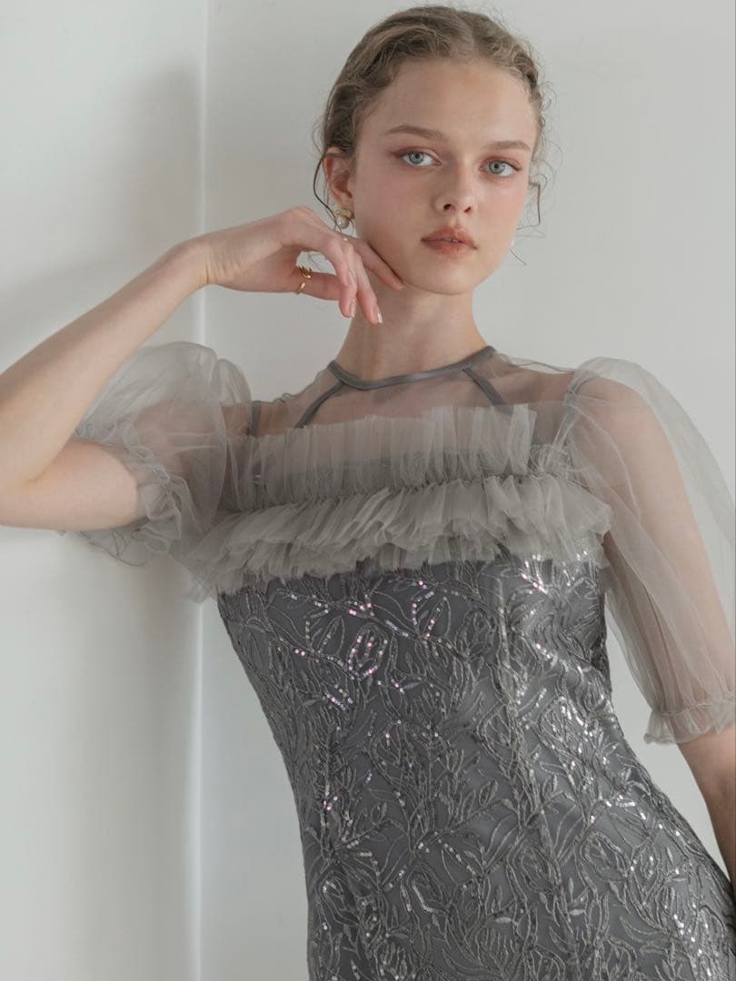 チュールフラワースパンコールIラインワンピースドレス結婚式パーティー成人式二次会