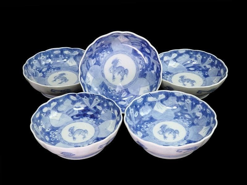 古伊万里　染付　巾着に宝尽くし　麒麟の図　膾皿　５客　129AS-CVv