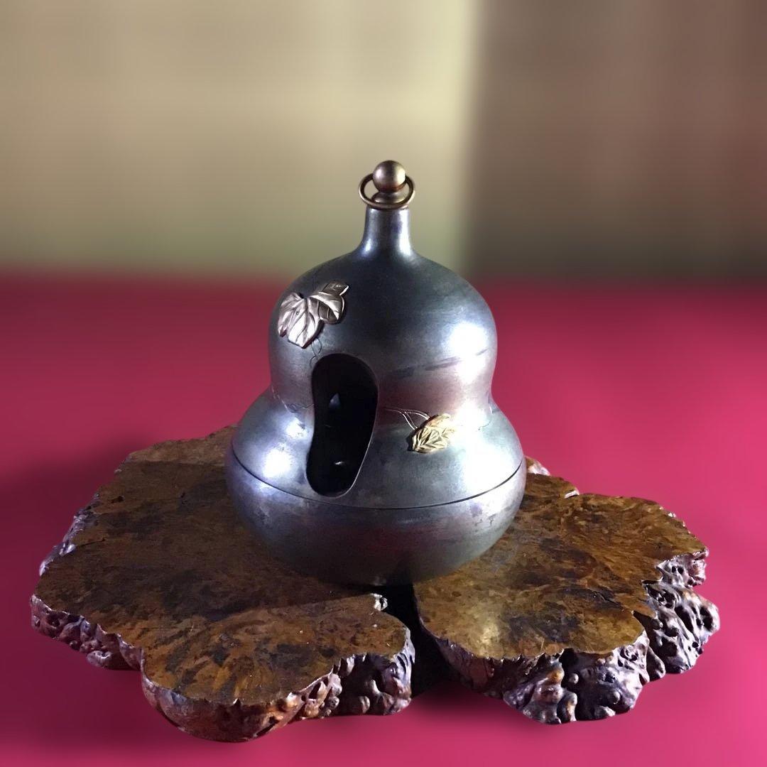 大珍品　白銅地据紋象嵌　香炉　アンティークライター付　昭和初期　　　B3