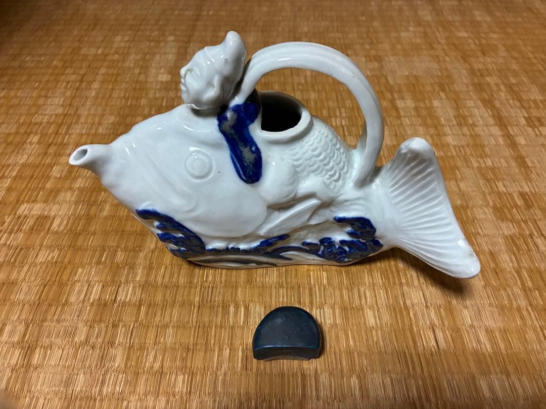 茶道具 白磁 魚型 陶器 手付き 急須 水柱 木箱付 中国美術？