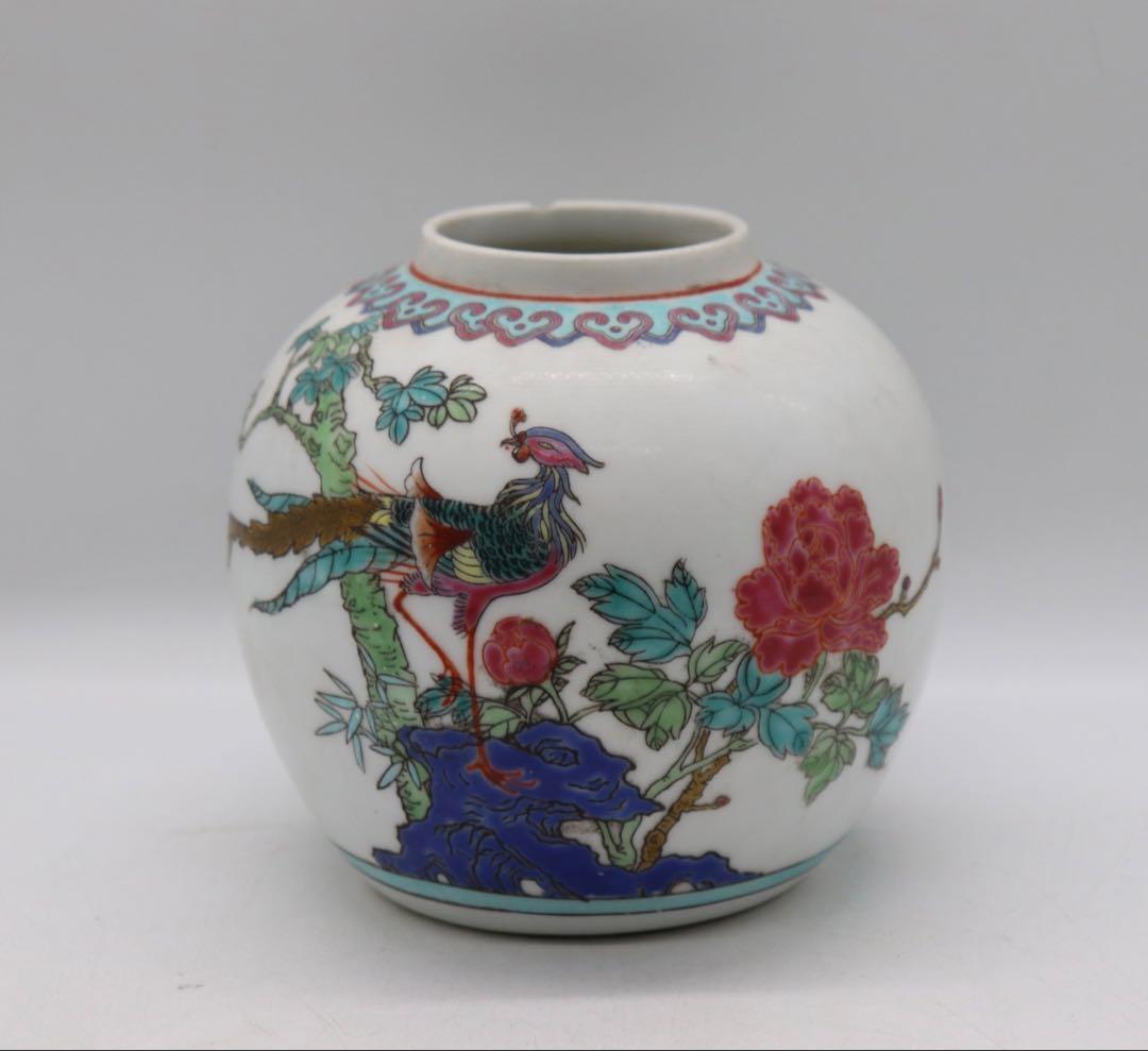 中国　粉彩　孔雀牡丹圖小壺　送料込み250930