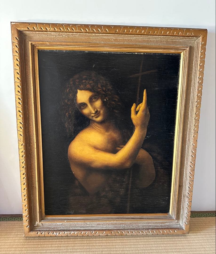 木板に油彩画 ダ・ヴィンチ 洗礼者ヨハネ 立体複製名画 美術品 インテリア
