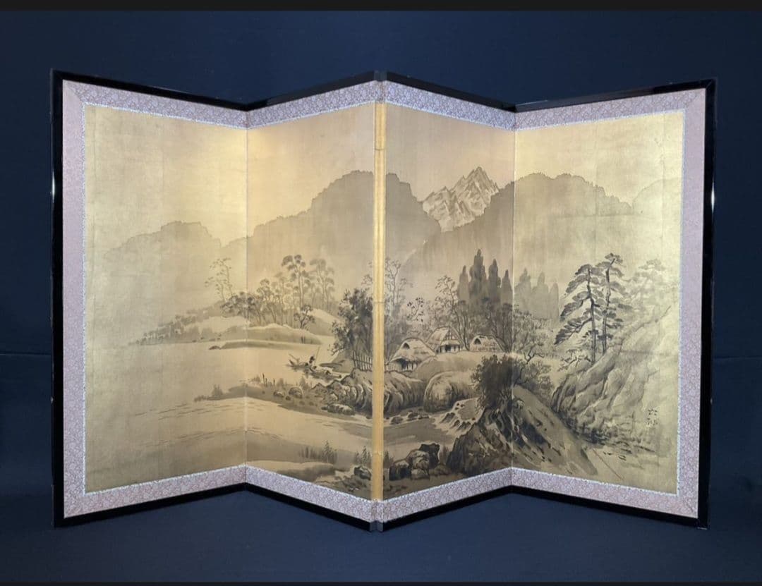 屏風　日本画　三浦良雄『河畔夕映』金箔屏風　真筆証明書付　四曲屏風