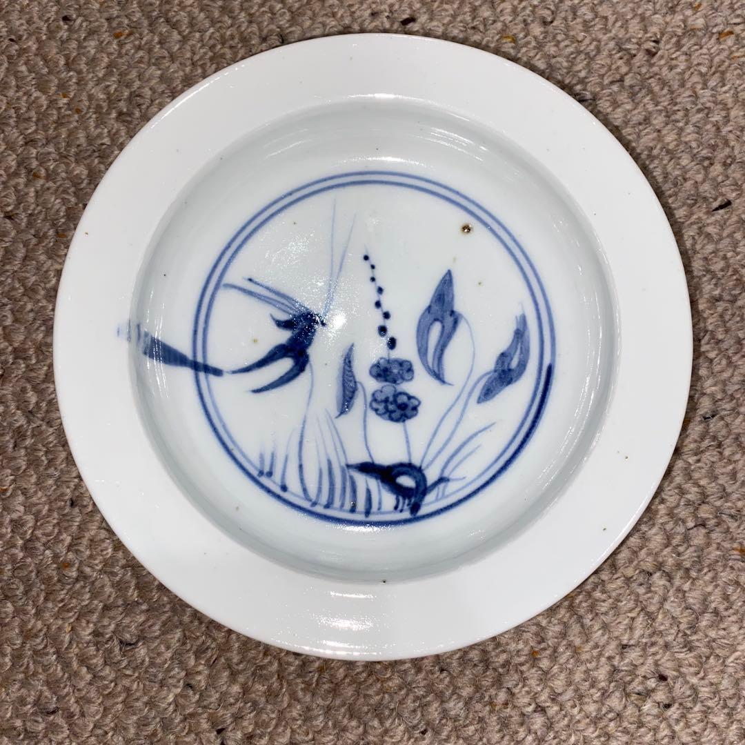 藍九谷　染付　蝶草花文　皿　江戸初期