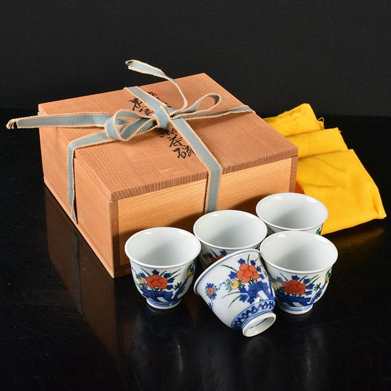煎茶道具　渋草焼　芳国造　染付赤絵　花鳥文　煎茶碗　五客　共箱　D　R6417