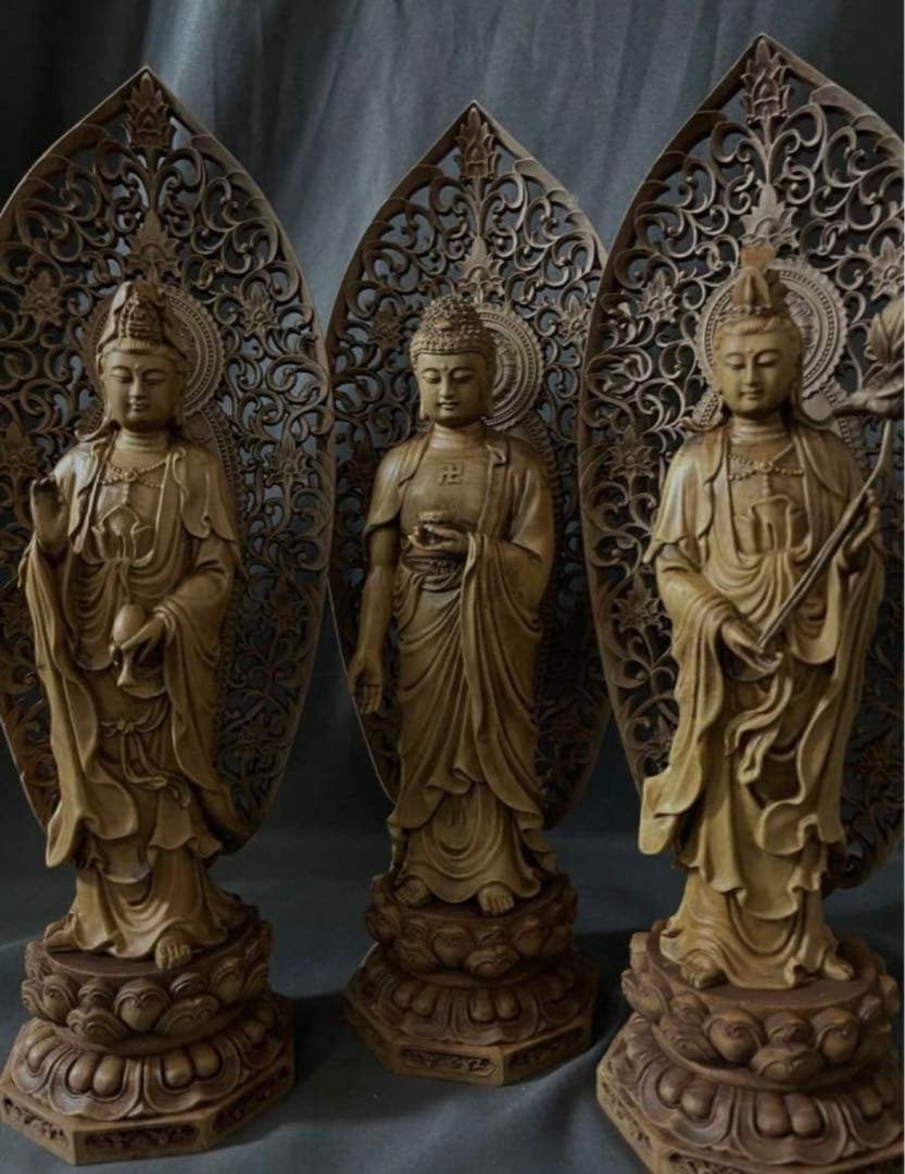 n*i様 総柘植材　仏教工芸品　時代彫刻　一刀彫　極上彫　木彫仏像　阿弥陀如来三