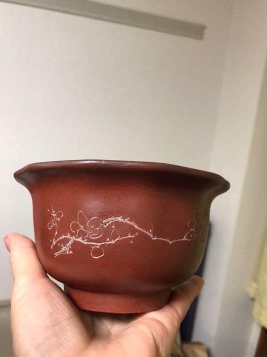 盆栽鉢　時代中国朱泥花型梅花図ミニ盆栽鉢13.5x7.3cm