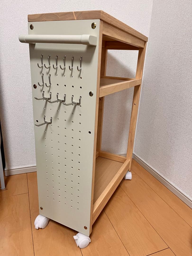 木製ワゴン　有効ボード付き　フック付きワゴン 2段　ミシンワゴン