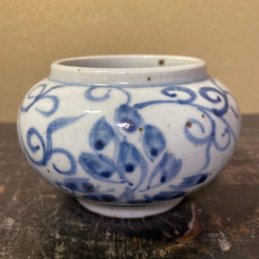 中国古玩　染付草花文水滴